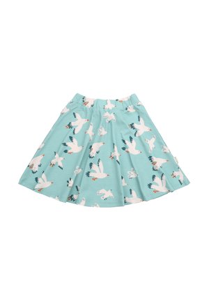 Helles blaues Baumwollröckchen mit elastischem Bund, das ein Möwenmuster in Weiß, Türkis und orangefarbenen Akzenten aufweist.