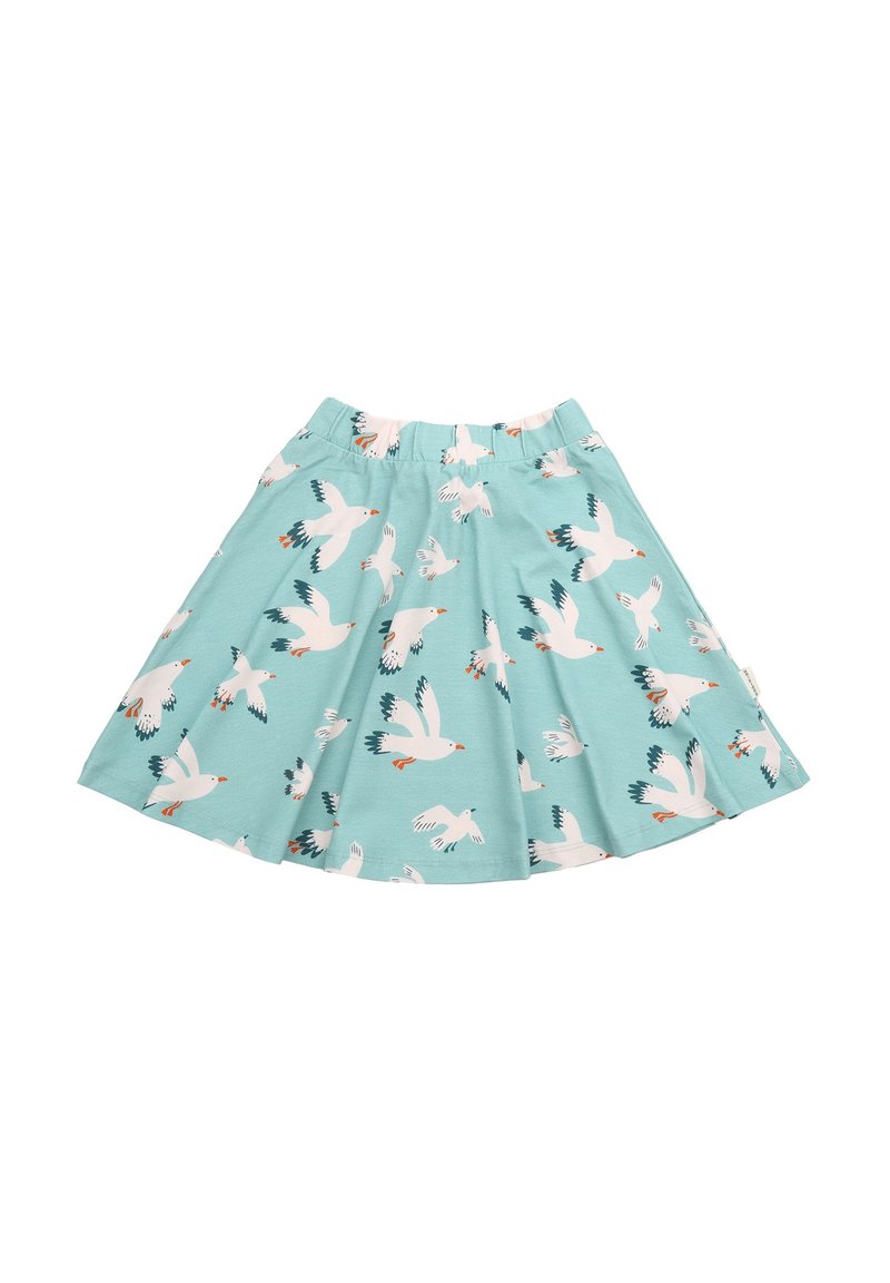 Helles blaues Baumwollröckchen mit elastischem Bund, das ein Möwenmuster in Weiß, Türkis und orangefarbenen Akzenten aufweist.