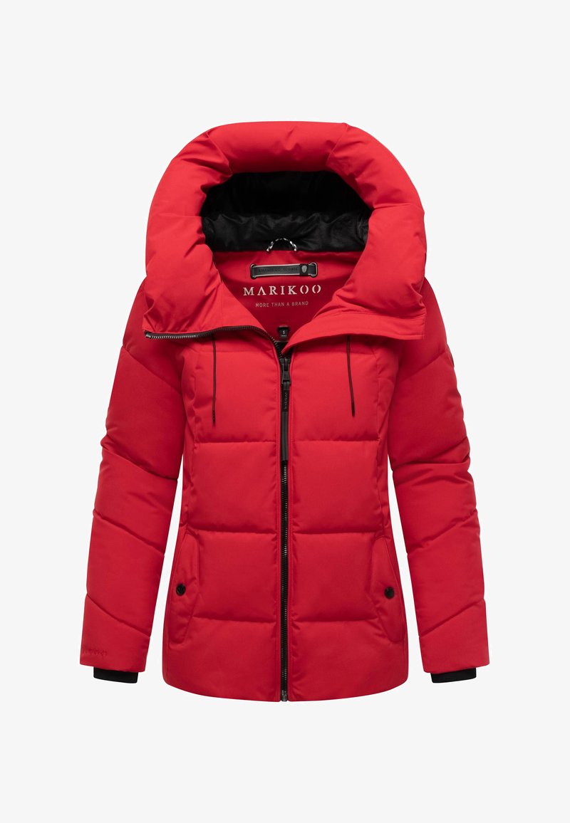 Red puffer jacket with a high collar and oversized hood. Features front zipper, drawstring, and side pockets with snap closures.