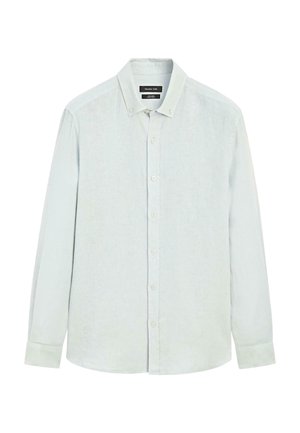 Camicia azzurro chiaro a maniche lunghe realizzata in un tessuto testurizzato, con colletto a camicia, bottoni frontali e polsini con bottone singolo.