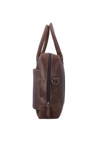 Brown leather bag with a zipper closure, sleek design, and side pocket. Features sturdy handles and a smooth, textured finish.