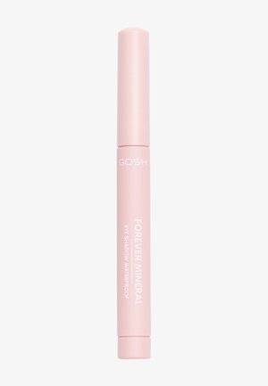 Pink eye shadow packaging in a cylindrical shape with a rounded top. Features white text: “FOREVER MINERAL” and “EYE SHADOW WATERPROOF.”