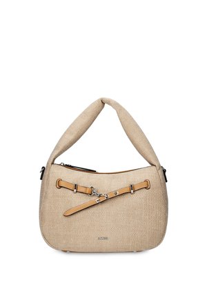 Beige schoudertas met structuur, gevoerde schouderriem, detail van bruine leren gesp aan de voorkant en klein zilverkleurig logo vlak bij het midden onderaan.