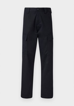 Pantalons cargo noirs en tissu résistant, avec une coupe droite, deux poches latérales et une fermeture à bouton à la taille.