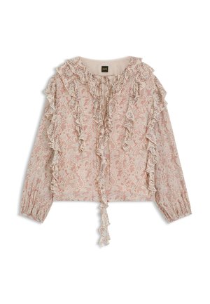 Läpinäkyvä pitkähihainen pusero, jossa vaaleanpunainen ja beige kukkainen pitsikuvio, röyhelökaulus, edessä nyörit sekä röyhelöyksityiskohdat hihoissa ja rinnassa.