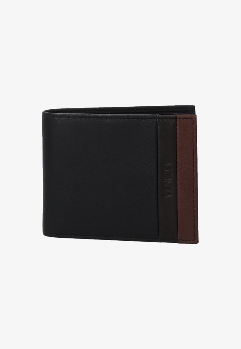 Zwarte leren portemonnee met een bruine accentstreep. Met een bi-fold ontwerp, een gestructureerde afwerking en zichtbare stiksels langs de randen.
