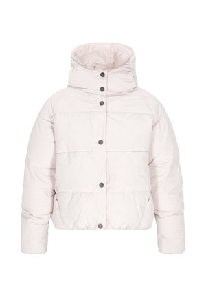 Lichtroze pufferjack met een hoge kraag, voorzien van zwarte drukknoopsluitingen, een boxy vorm en een textuurafwerking.