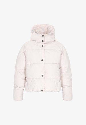 Jasnoróżowa kurtka puchowa z wysokim kołnierzem, z czarnymi zatrzaskami, w prostokątnym fasonie oraz z teksturowanym wykończeniem materiału.
