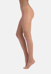 Nude-Strumpfhosen mit glatter Textur, nahtlosem Design und breitem elastischem Bund, die ein natürliches Bein-Aussehen präsentieren.