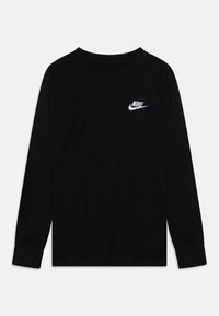 Tricou negru cu mânecă lungă, realizat din bumbac, având un logo Nike brodat alb pe partea stângă a pieptului și un guler clasic rotund.
