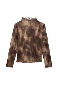 Bruine langemouwen top met hoge kraag, gemaakt van een textuurstof, met een unieke tie-dye patroon en naadloze schouders voor een aansluitende pasvorm.