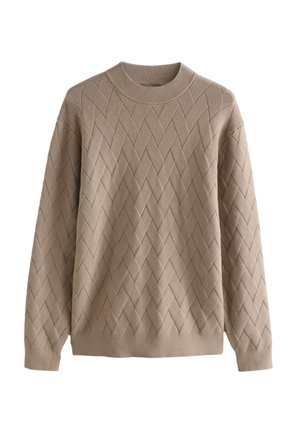 Beige knit sweater with a textured diamond pattern, featuring a round neckline and long sleeves. Soft fabric with ribbed cuffs and hem.