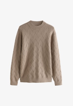 Beige knit sweater with a textured diamond pattern, featuring a round neckline and long sleeves. Soft fabric with ribbed cuffs and hem.