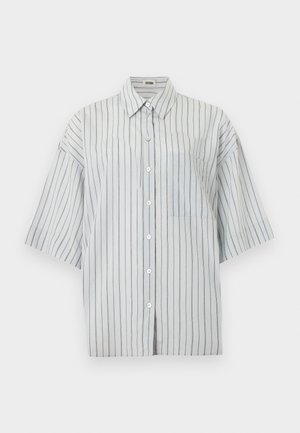 Short-sleeve button-up shirt in light gray with navy vertical stripes, collared, featuring a chest pocket and a relaxed fit.