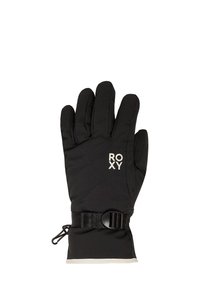 Gant de ski noir avec design rembourré, sangle de poignet ajustable, logo Roxy en blanc contrastant et accent blanc au poignet.