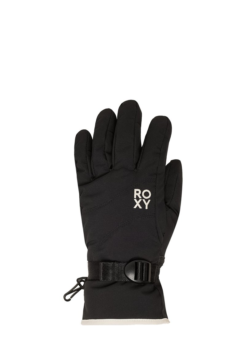 Gant de ski noir avec design rembourré, sangle de poignet ajustable, logo Roxy en blanc contrastant et accent blanc au poignet.