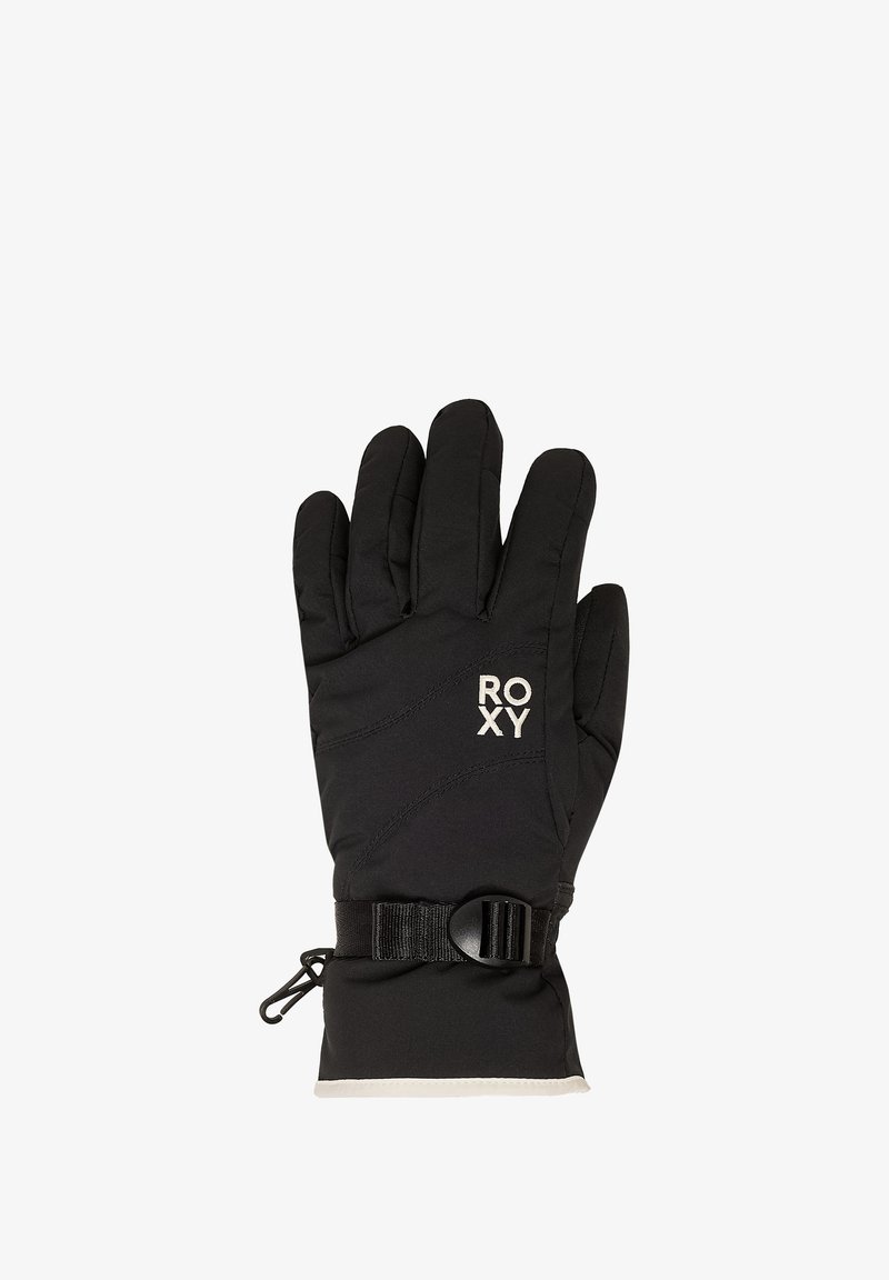 Black winter glove with padded design, adjustable wrist strap, Roxy logo in contrasting white, and white accent at cuff.