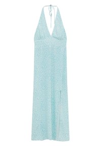 Vaaleansininen halterneck-mekko, jossa syvä V-kaula-aukko, hienovarainen, hajallinen kuvio ja sivuhalkio lisäliikkumavaraa varten. Valmistettu pehmeästä kankaasta.