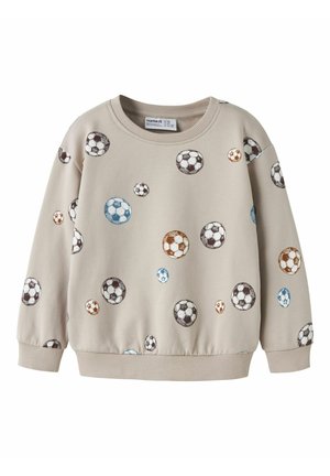 Beżowa bluza dziecięca z wielokolorowymi wzorami piłki nożnej rozmieszczonymi na całej tkaninie, wyposażona w prążkowany kołnierz, mankiety i dół.