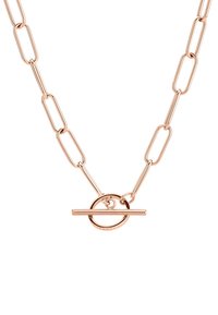 Rose-guld linkhalskæde med forlængede papirklipsformede led og en cirkulær lås med en vandret stang.