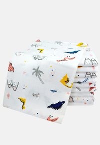 Nappe en coton avec un fond blanc et des illustrations colorées d'animaux et de plantes, incluant des accents roses, bleus, jaunes et noirs.