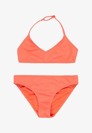 Koraal-orange bikini set met een gestructureerde driehoekstop met verstelbare bandjes en bijpassende low-rise broekjes.