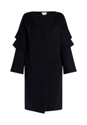 Schwarze Strickjacke aus strukturiertem Material, mit V-Ausschnitt, Knopfverschluss, weit auslaufenden Ärmeln mit Rüschen und zwei vorderen Taschen.