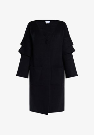 Schwarze Strickjacke aus strukturiertem Material, mit V-Ausschnitt, Knopfverschluss, weit auslaufenden Ärmeln mit Rüschen und zwei vorderen Taschen.