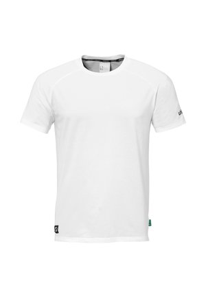Weißes Kurzarm-T-Shirt aus glattem Stoff, mit Rundhalsausschnitt und Raglanärmeln, mit dezentem Branding auf dem linken Ärmel.