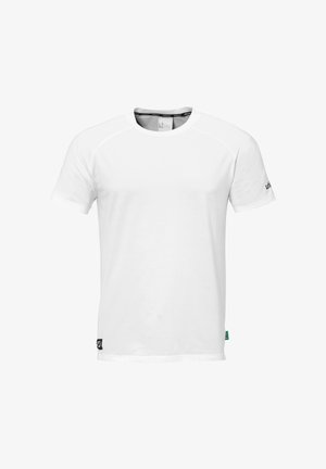 White short-sleeve T-shirt made of smooth fabric, featuring a crew neck and raglan sleeves, with subtle branding on the left sleeve.