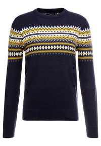 Mörkblå stickad tröja med ett geometriskt Fair Isle-mönster i gult, vitt och grått över bröstet och övre ärmar, rund halsringning, långärmad.