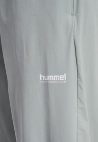 Lysegrå træningsbukser lavet af blødt stof, der har en sammen-syet søm og et hvidt "hummel PERFORMANCE" logo på den nederste del af benet.