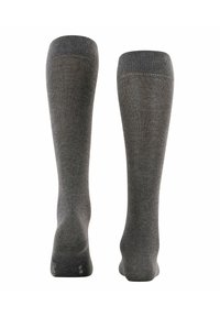 Knielange graue Socken mit einem gerippten Muster, versehen mit einem kontrastierenden dunkelgrauen Bund sowie verstärkten Fersen- und Zehenbereichen. Aus weichem Stretchmaterial.