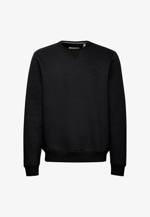 Must have mustriga kangasalusega must sviiter, millel on ümmargune kaelus, soonilised mansetid ja ümmargune logo rinnal. Lihtne ja minimalistlik disain.