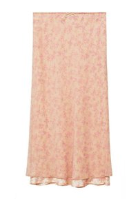 Rochie cu model floral roz, confecționată dintr-un material ușor, având o croială lejeră, un tiv curbat și un detaliu cu legătură la gât.