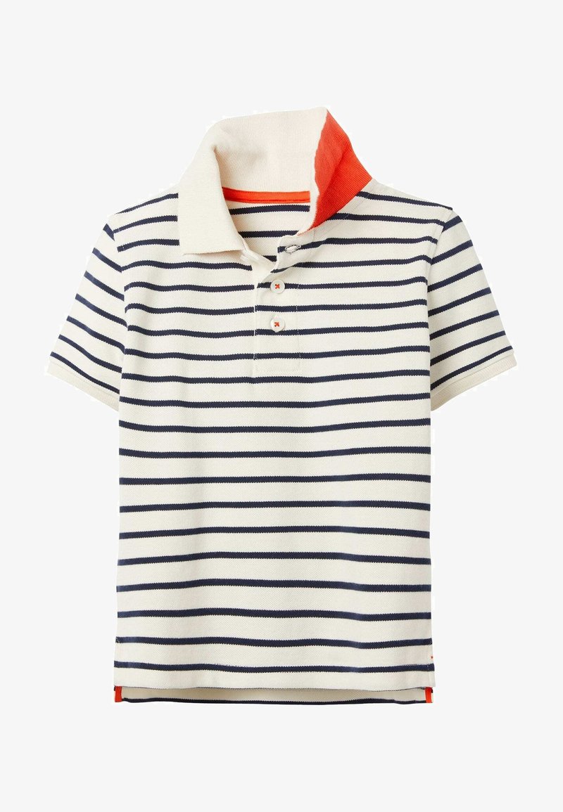 Polo à manches courtes rayé blanc et bleu marine avec deux boutons et un col plié partiellement orange à l'intérieur.