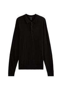 Polo shirt nero a maniche lunghe con colletto classico, patta a tre bottoni e una texture morbida. Adatto per l'abbigliamento casual.