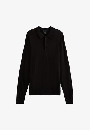 Camisa polo negra de manga larga con cuello clásico, tapeta de tres botones y textura suave. Adecuada para un uso casual.