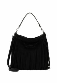 Borsa a tracolla in suede nero con dettagli in frange, dotata di chiusura superiore con zip, tracolla rimovibile e rifiniture in pelle liscia.