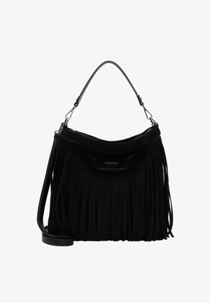 Schwarze Wildleder-Handtasche mit Fransenverzierungen, ausgestattet mit einem oberen Reißverschluss, einem abnehmbaren Schultergurt und einem eleganten Lederbesatz.