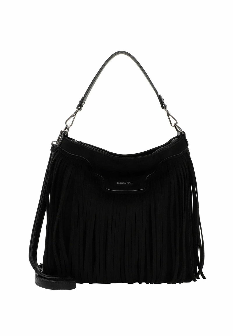 Borsa a tracolla in suede nero con dettagli in frange, dotata di chiusura superiore con zip, tracolla rimovibile e rifiniture in pelle liscia.