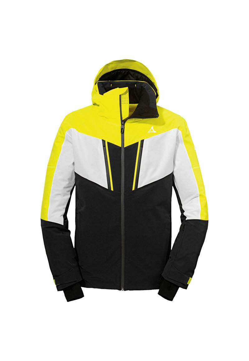 Herren-Skijacke mit Kapuze, schwarzem Grundton, auffälligen gelben und weißen Akzenten, geometrischem Farbblockdesign und mit Reißverschlüssen versehenen Fronttaschen.