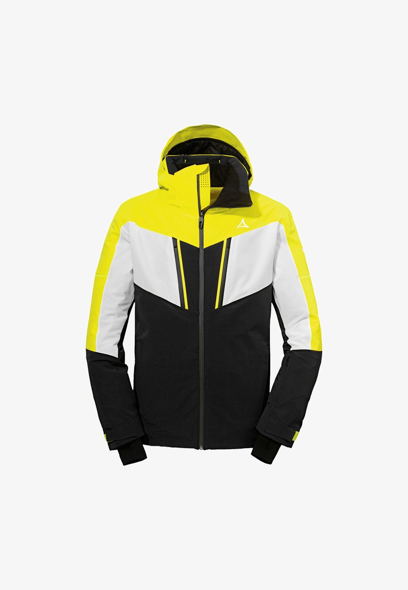 Chaqueta de esquí para hombre con capucha, base negra, acentos en amarillo y blanco, bloqueo de color geométrico y bolsillos frontales con cremallera.