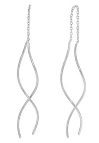 Sølvøreringer med et vridd design med forlenga, vridde former. Glatt metallfinish og festet med en kjede-link.