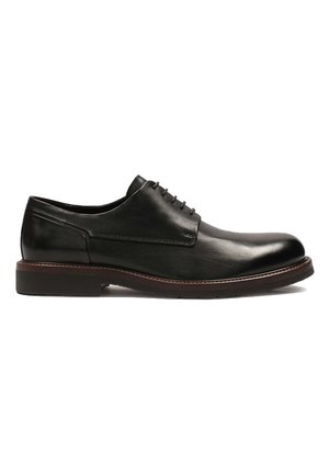 Schwarzer Leder-Dressschuh mit runder Zehenform, sechs Ösen und strukturiertem Obermaterial. Verfügt über eine braune Sohle mit subtilen Nähdetails.