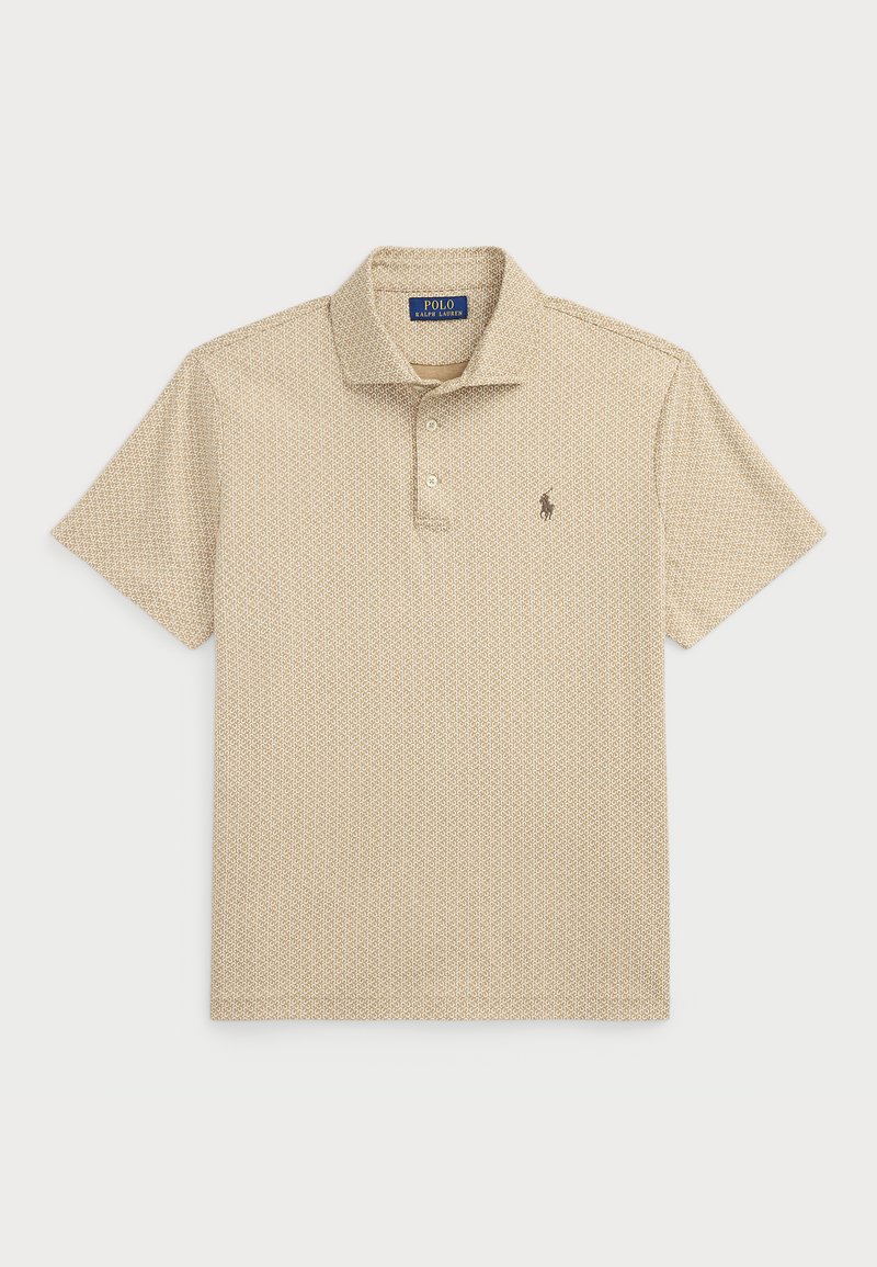 Béžová polo tričko s krátkymi rukávmi, s trojitou gombíkovou légou a opakujúcim sa geometrickým vzorom. Obsahuje vyšívané logo na hrudi.