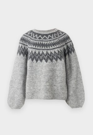Chunky knit sweater in light gray with a patterned yoke in dark gray. Features a round neckline and balloon sleeves. Soft texture.