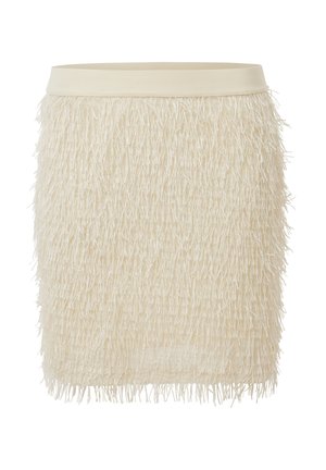 Fransenrock in Creme, mit einem strukturierten, geschichteten Design und einem elastischen Taillenbund. Hergestellt aus leichtem, synthetischem Material.