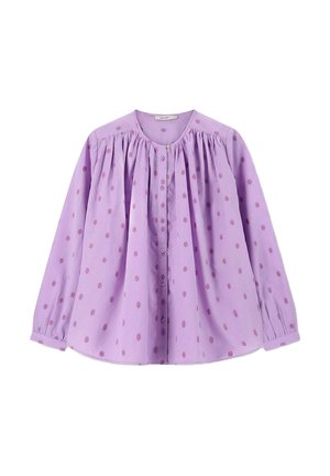 Long-sleeve, button-up shirt in light purple cotton with pink polka dots and gathered detailing at the neck and cuffs.