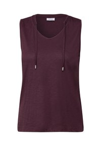 Haut sans manches violet avec un décolleté en V et un détail à cordon. Fabriqué en tissu doux et texturé, il présente une coupe décontractée et un design minimaliste.